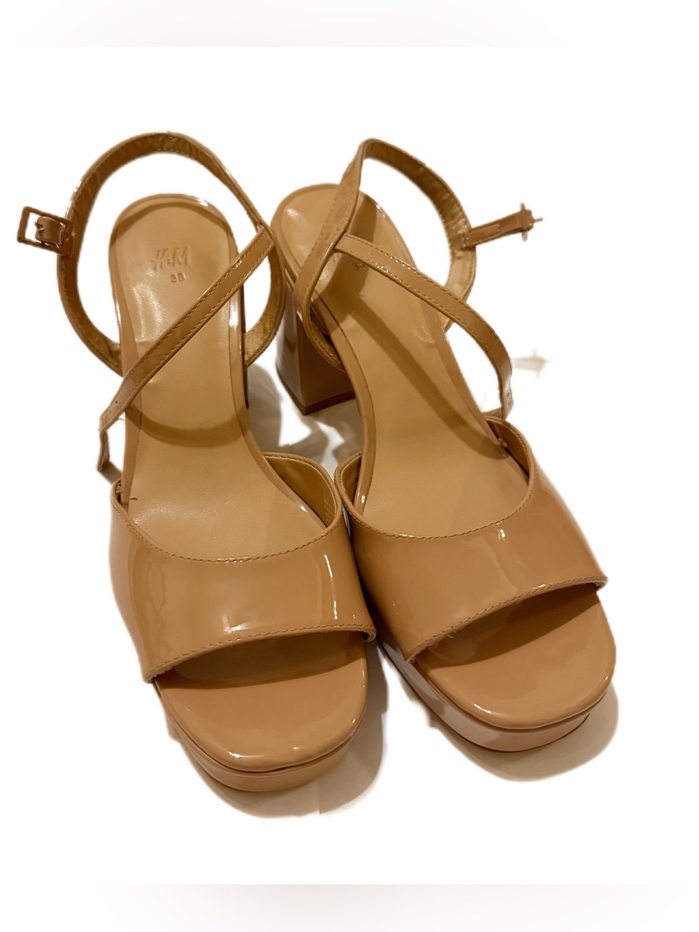 H&M Nude Patent Platform Block Heel Sandals Size 7.5 / 38 - Picture 3 of 5